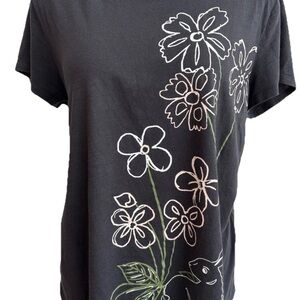 LOFT Grey Short-Sleeve Tee with White & Pale Pink Floral Sketch Size L